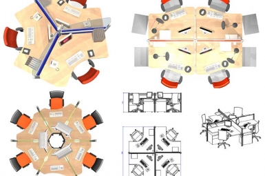 Etudes pour poste en rosace sur-mesure : poste, cloions acoustiques, rangement, éclairage