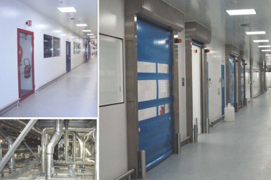 Site de production pharmaceutique : cloisons salles propres, plafonds, vestiaires, portes sas...